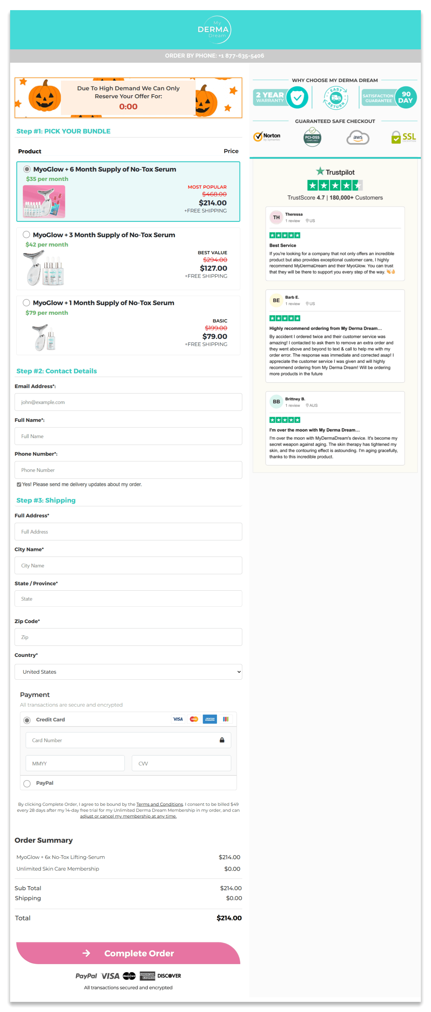 MyoGlow secure checkout page